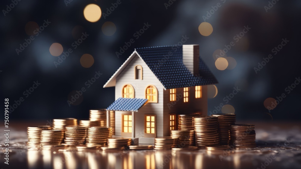 A small model house set among a pile of golden coins. Residence investment, property sale. A small model house set among a pile of golden coins. Residence investment, property sale.