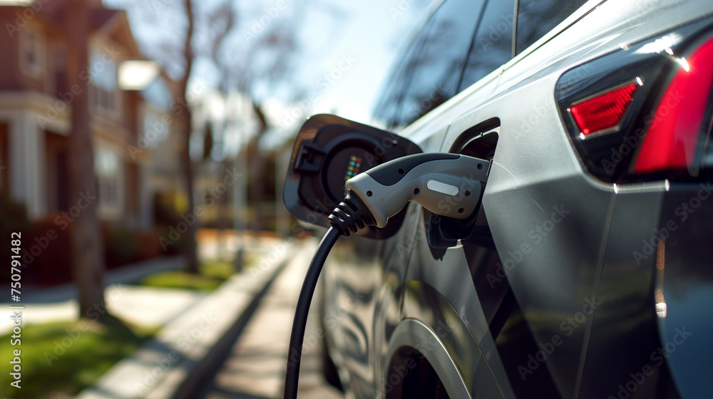 Electric vehicle being charged in a EV station, close up shot of the EV charging adapter Electric vehicle being charged in a EV station, close up shot of the EV charging adapter