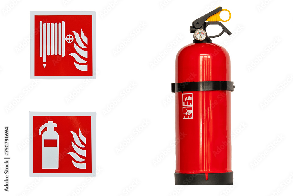 fire extinguisher and safety sign isolated on white background fire extinguisher and safety sign isolated on white background