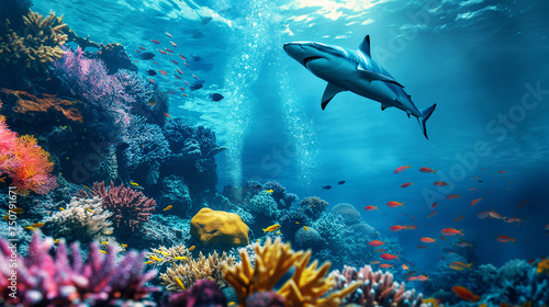 The big shark swimming underwater, Illustration