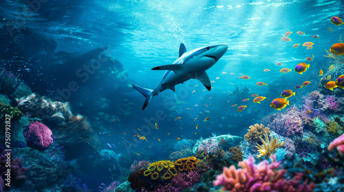 The big shark swimming underwater, Illustration © AI-Stocks
