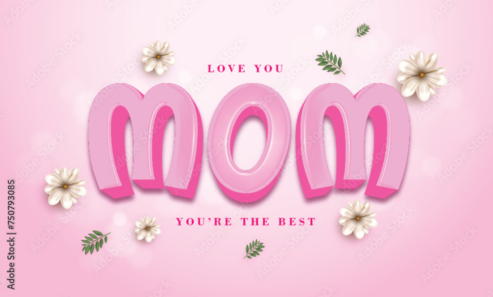 Happy Mother's Day Illustration with Spring Flower  and Love you Mom editable Text effect