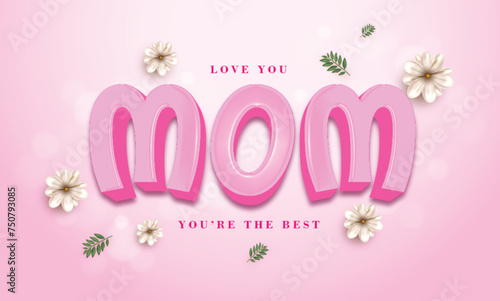 Happy Mother's Day Illustration with Spring Flower and Love you Mom editable Text effect