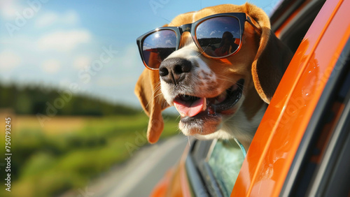 Happy Beagle wearing sunglasses heads out of the car window when on the road trip