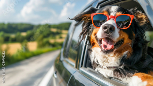 Happy Bernese Mountain Dog wearing sunglasses heads out of the car window when on the road trip
