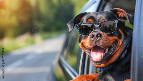 Happy Rottweiler wearing sunglasses heads out of the car window when on the road trip