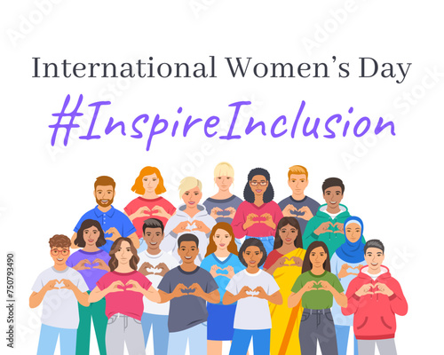 Inspire inclusion campaign pose. International Women's Day 2024 theme. Smiling diverse women and men make heart symbol with hands to stop discrimination and stereotypes. Gender equal inclusive world