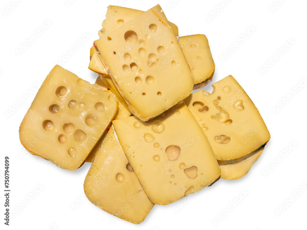Emmental cheese slices isolated in top view Emmental cheese slices isolated in top view