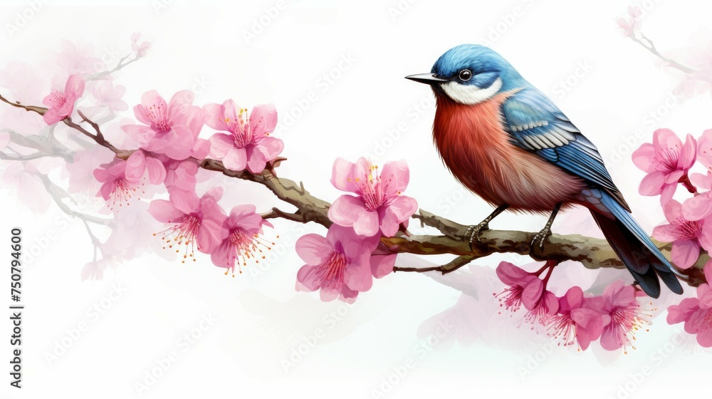 Bird Perched on Branch With Pink Flowers