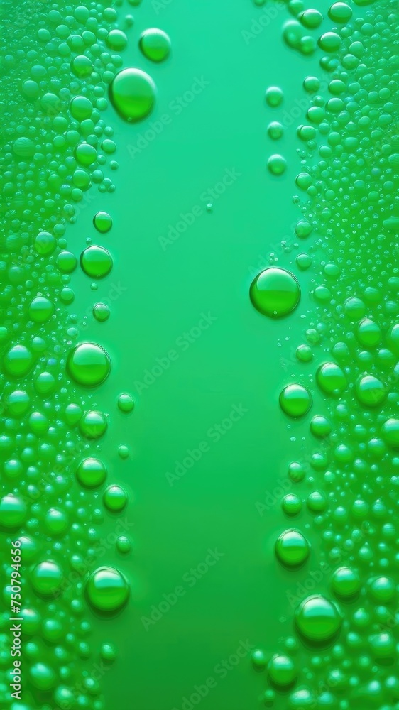 Background of green bubbles . A close-up of green cold beer. Background of drops. Banner. Vertical