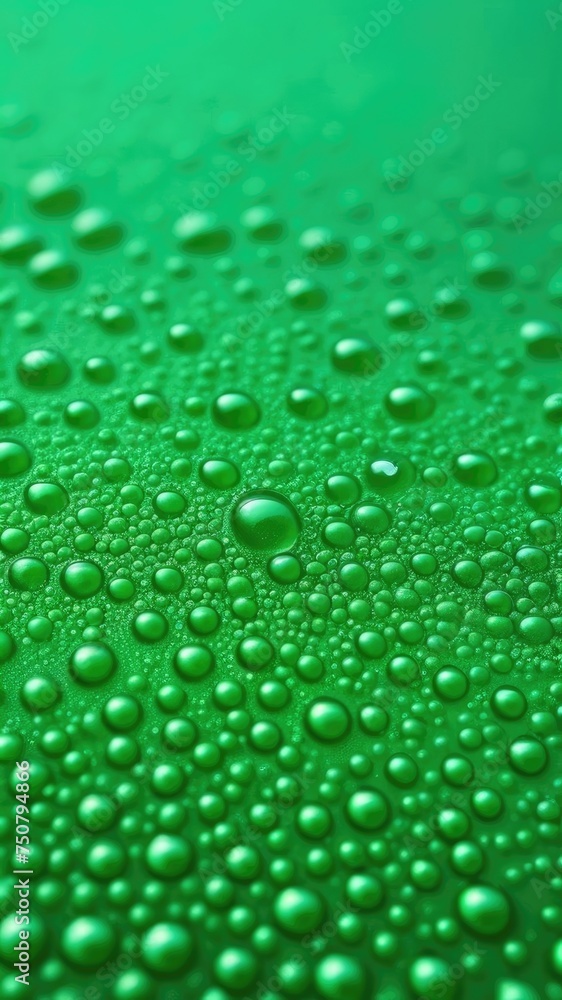 Background of green bubbles . A close-up of green cold beer. Background of drops. Banner. Vertical