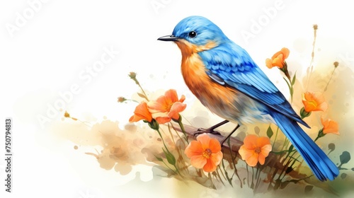 Blue Bird on Branch With Orange Flowers