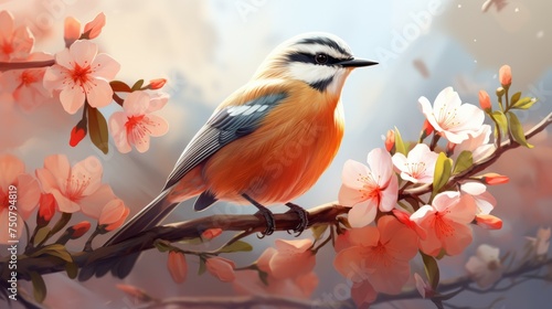 Bird Perched on Blossoming Tree Branch