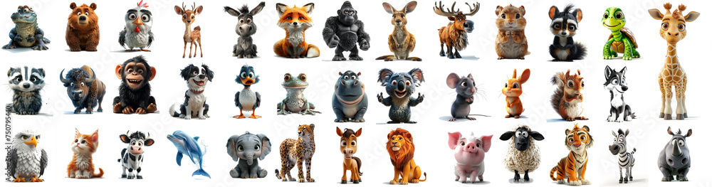 Set of cute 3D cartoon animals - obrazy, fototapety, plakaty 