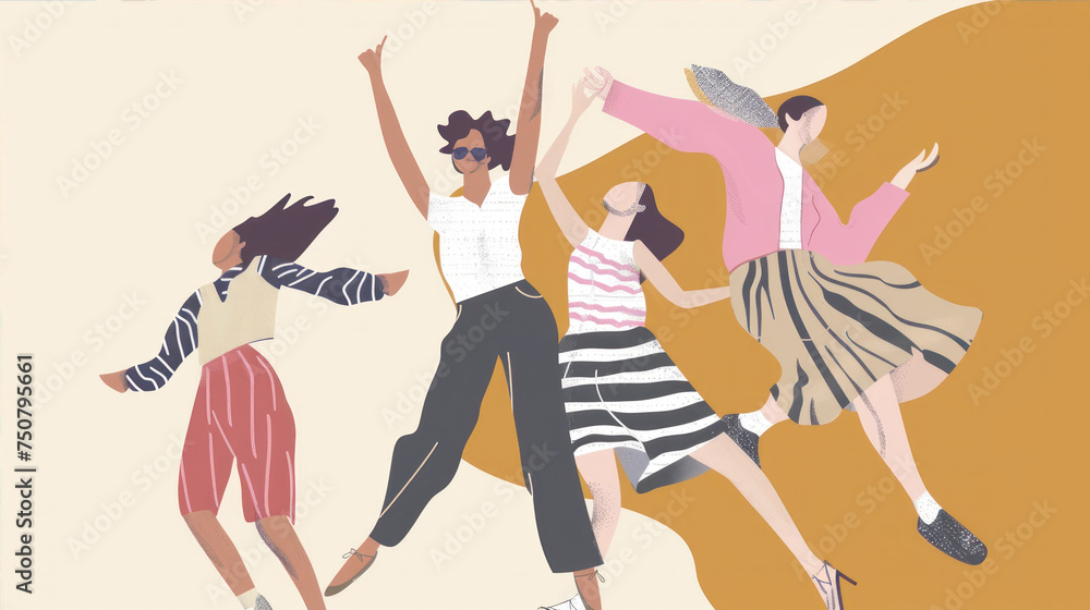 Naklejka premium Illustration in minimalistic style. Group of happy people having fun. 