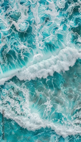 turquoise ocean water with splashes and foam for abstract natural background