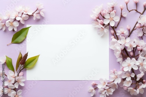 Blank Paper Among Flowers on Purple Background