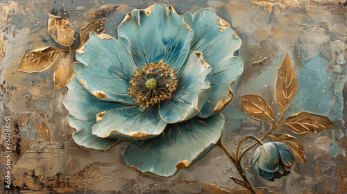 Beautiful spring light turquoise flower with golden leavs on decorative background as wallpaper illustration, Elegant Light Turquoise Gold Flower