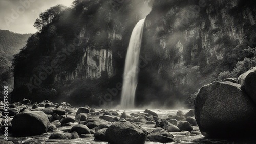 Horror A waterfall of fear, with a landscape of dark rocks and shadows, with a Ban Gioc waterfall 