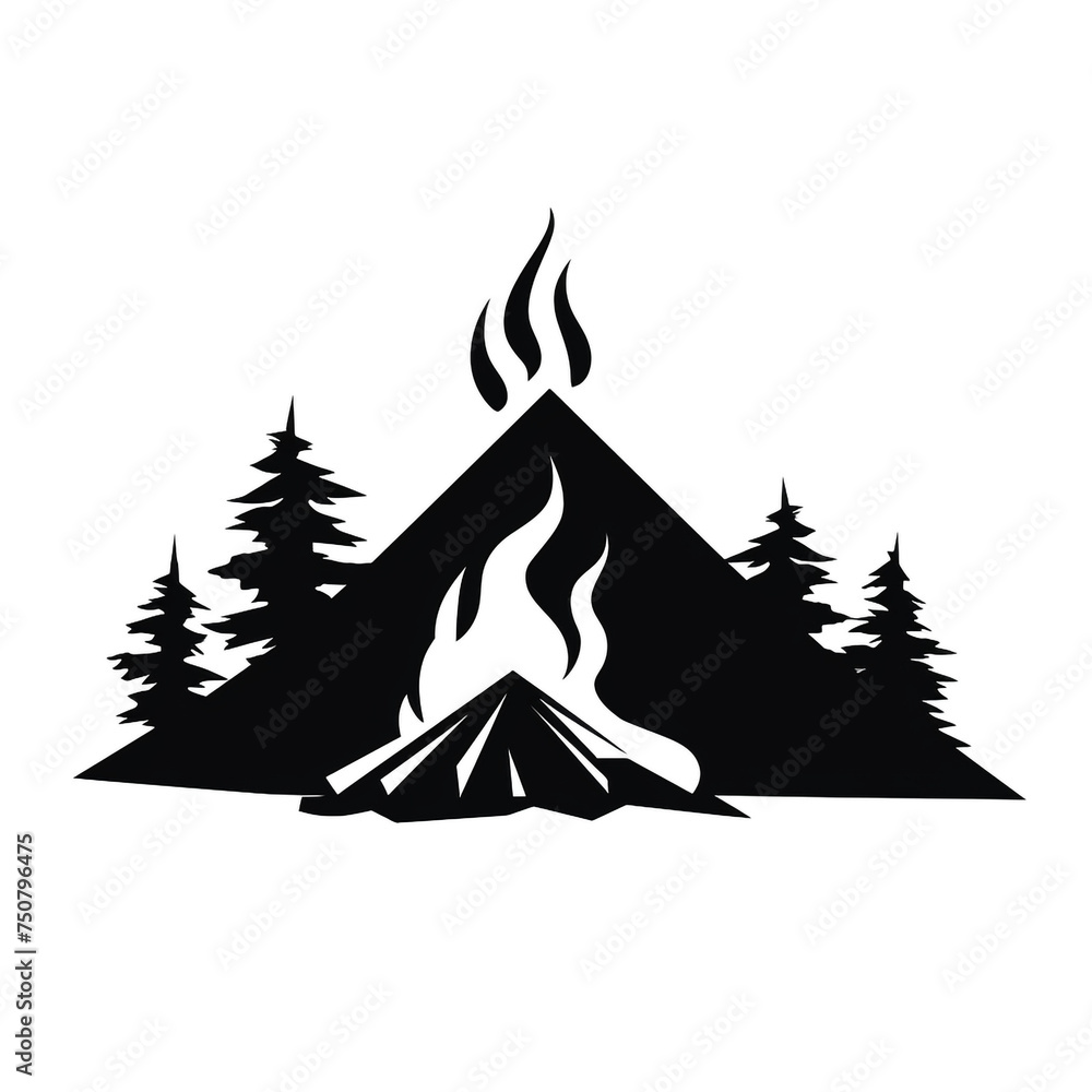 campfire silhouette, solid black, no color, white background сreated with Generative Ai