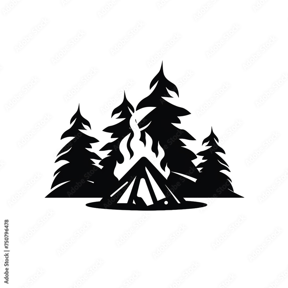Fototapeta premium campfire silhouette, solid black, no color, white background сreated with Generative Ai