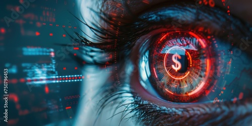 Human eye with red dollar sign inside. Business concept banner with copy space
