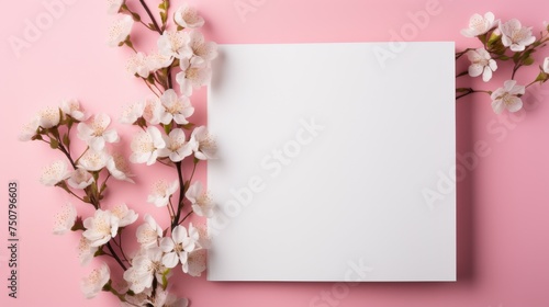Blank Paper on Pink Background With Flowers