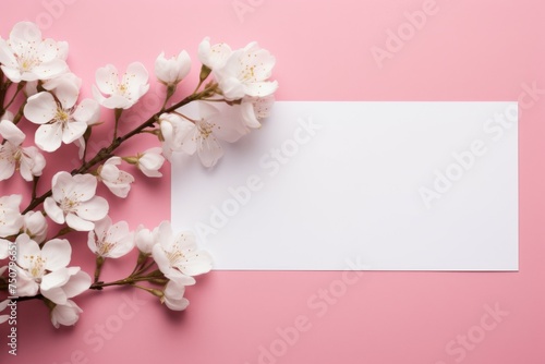 White Flower Branch With Card on Pink Background © RajaSheheryar