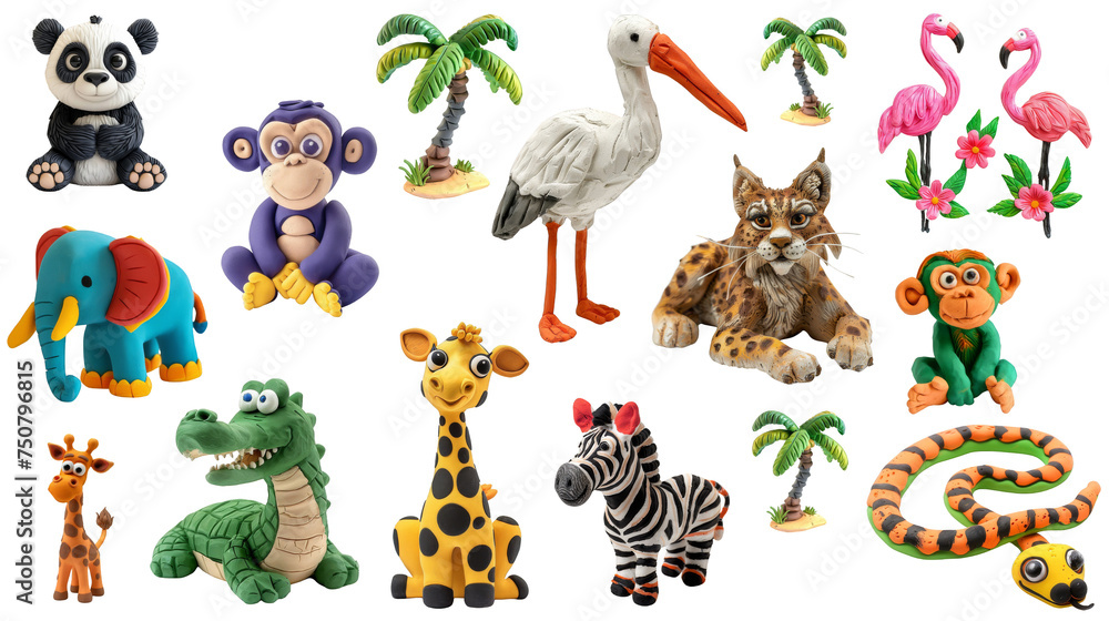 Naklejka premium Safari animals collection made of multicolored plasticine, art for children, kids craft. Transparent isolate background.