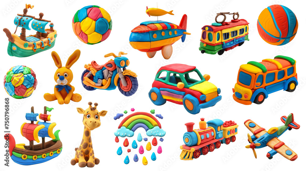 Collection of children's toys made of multicolored plasticine, art for children, kids craft. Transparent isolate background.