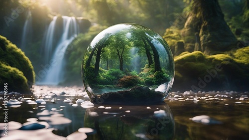 highly intricately detailed of beautiful  Backyard Garden waterfall pond trees  landscape inside a crystal ball