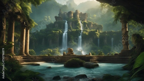 tropical waterfall Fantasy waterfall of wisdom, with a landscape of ancient ruins and scrolls, peaceful waterfall 