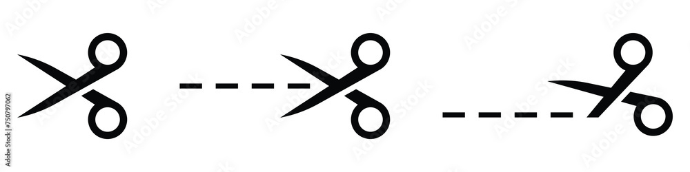 Scissors with cut lines symbols isolated on white background. Vector illustration. Dotted dash cutting line guide with scissors silhouette icon set. Scissors with cut lines symbols isolated on white background. Vector illustration. Dotted dash cutting line guide with scissors silhouette icon set.