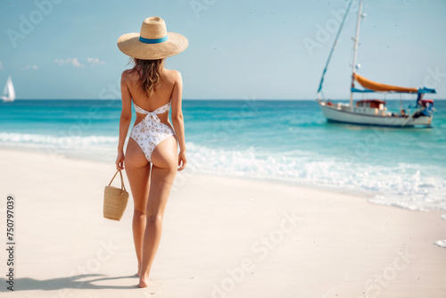 Young sexy woman at tropical beach. A woman in a bikini stands on the beach facing the ocean..