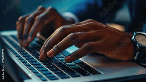 Close-up of a professional working on a laptop at a business seminar, highlighting focused technology use and continuous learning in a corporate setting - AI generated