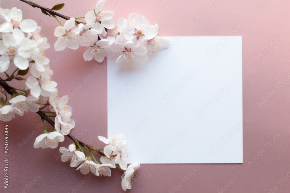 Cherry Blossom Branch on Blank Paper, Pink Background