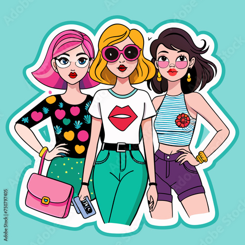 Fashionista Tribe chic Tshirt sticker depicting a group of fashion-forward girls strutting their stuff in trendy t-shirts adorned with iconic fashion symbols like lipstick tubes, sunglasses