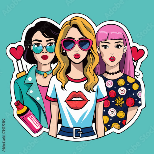 Fashionista Tribe chic Tshirt sticker depicting a group of fashion-forward girls strutting their stuff in trendy t-shirts adorned with iconic fashion symbols like lipstick tubes, sunglasses