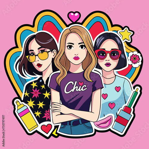 Fashionista Tribe chic Tshirt sticker depicting a group of fashion-forward girls strutting their stuff in trendy t-shirts adorned with iconic fashion symbols like lipstick tubes, sunglasses