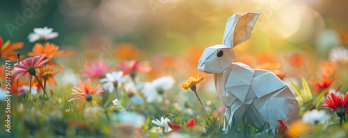 Rabbit in soft pastel origami hopping in a minimalist garden capturing the essence of cute and simplicity