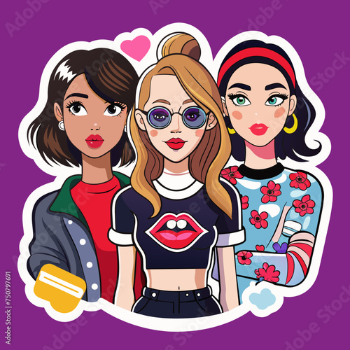 Fashionista Tribe chic Tshirt sticker depicting a group of fashion-forward girls strutting their stuff in trendy t-shirts adorned with iconic fashion symbols like lipstick tubes, sunglasses