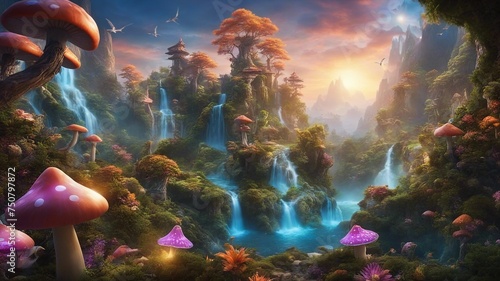 scene with world Fantasy mural of a magical landscape, with glowing flowers, vines, mushrooms, crystals, and waterfall