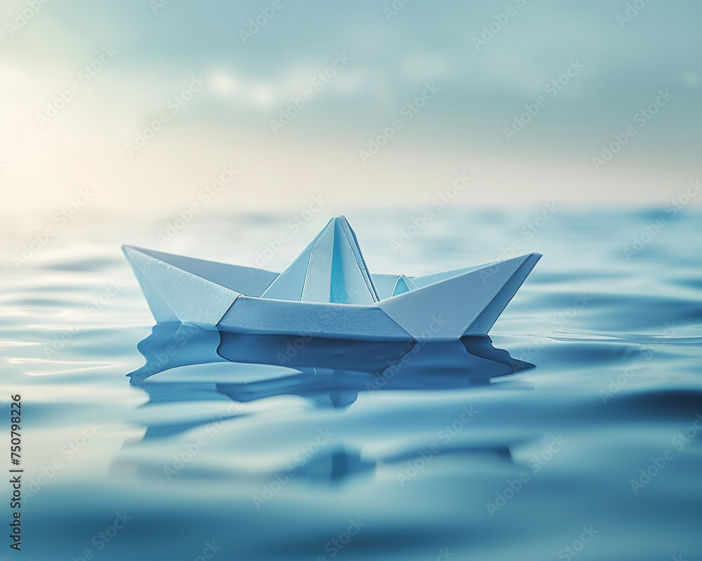 Minimalist seascape with a cute origami boat in pastel blue symbolizing freedom and adventure on the open sea Minimalist seascape with a cute origami boat in pastel blue symbolizing freedom and adventure on the open sea