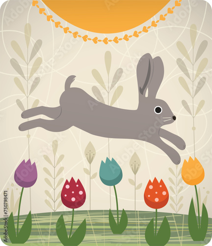 Folk art style rabbit and tulips.