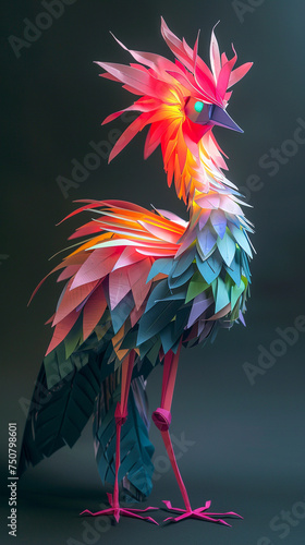Emu depicted in origami pastel feathers accented with neon highlights standing tall in a minimalist setting photo
