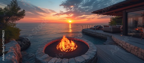 modern luxury home showcase beach house at sunset photo