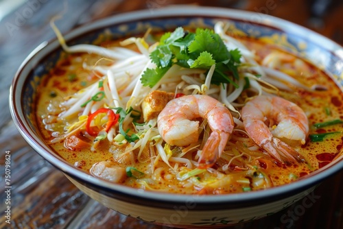 A colorful bowl of Singaporean Laksa, brimming with thick rice noodles, plump shrimp, slices of fish cake, and bean sprouts