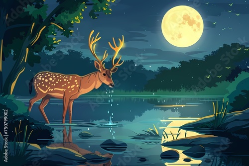 The shining deer drinks water from the pond photo