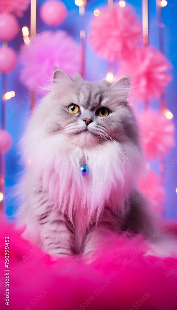 Close-up image of a fluffy and adorable kitten with bright background, adorable pet photography