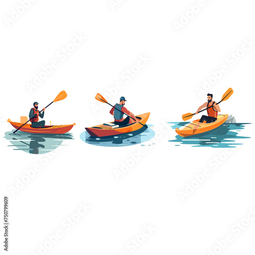 Set of people enjoy active water sports canoe